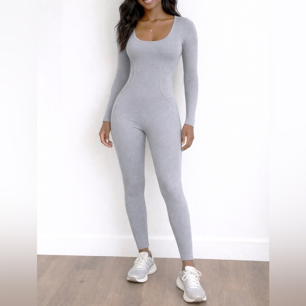 Immodel Gray Ribbed Knit Longsleeve Women's Jumpsuit Casual Activewear Yoga Gym